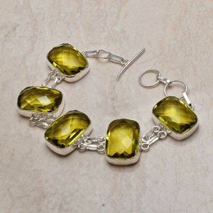 Stamped 925 Green Amethyst Gemstone T-Bar Bracelet 7-8''